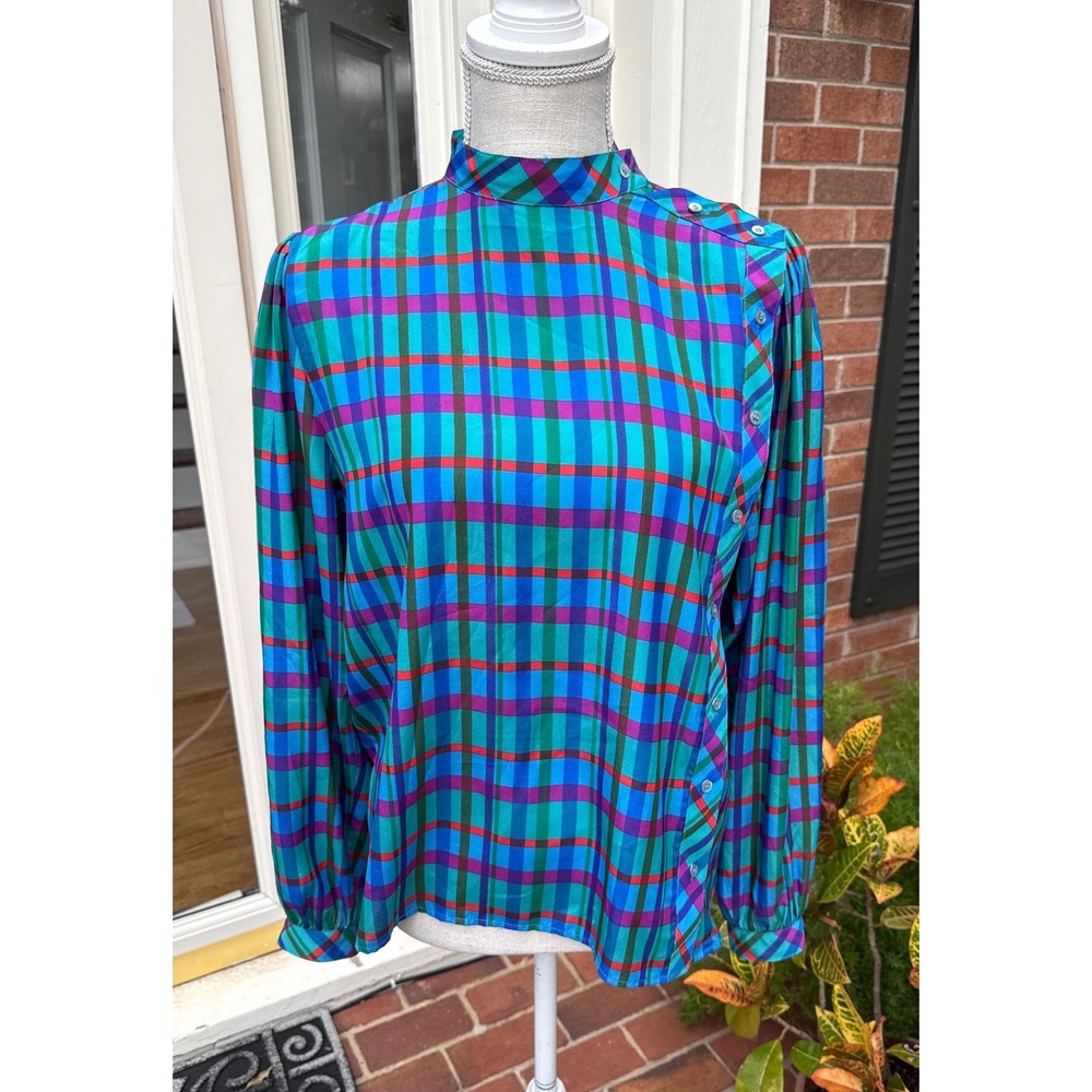 Vintage Liz Claiborne Plaid Blouse Asymmetrical Button Mock Neck Blue Teal 10